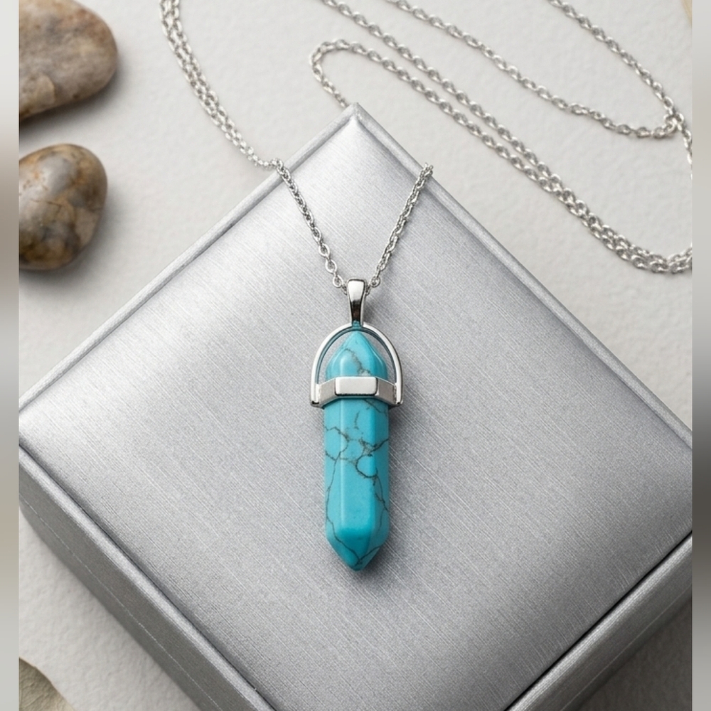 Blue Howlite & silver crystal double point necklace Natural Stone Necklace NWT